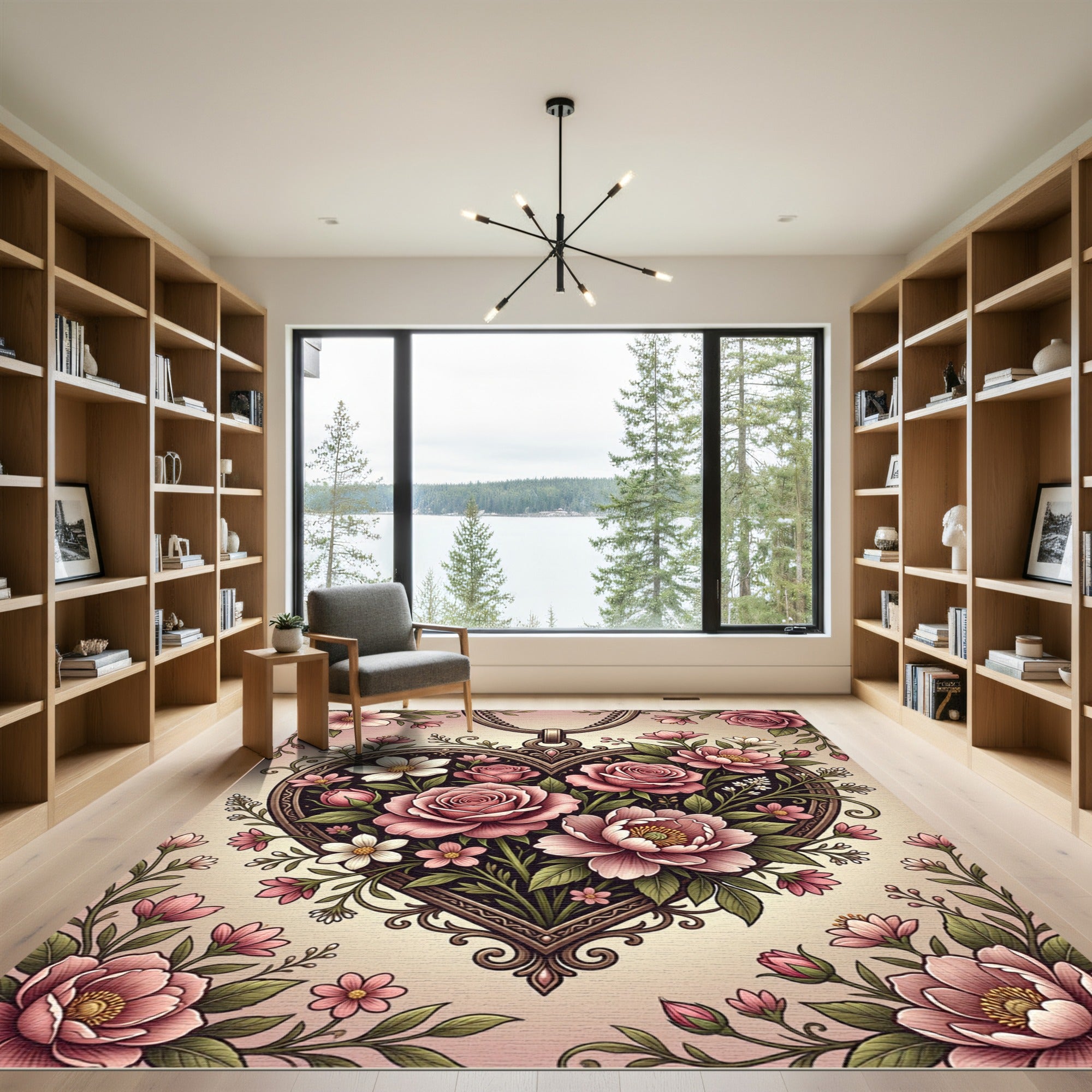 Romantic Pink Heart Floral Medallion Rug