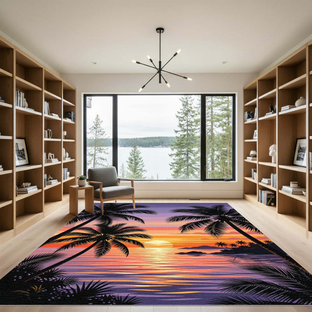 Tropical Sunset Palm Tree Silhouette Rug