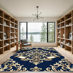 Elegant Navy Gold Baroque Scroll Rug