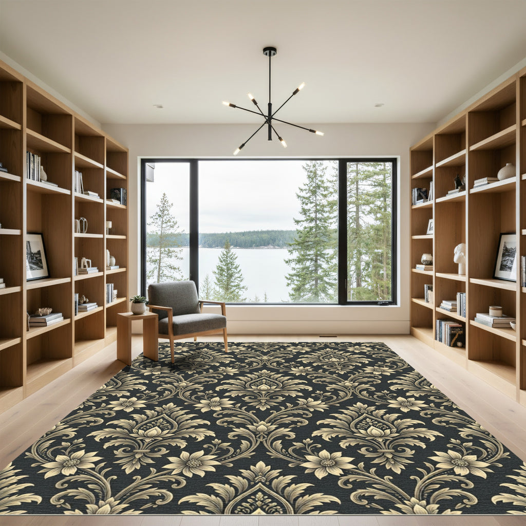 Classic Black and Gold Damask Rug