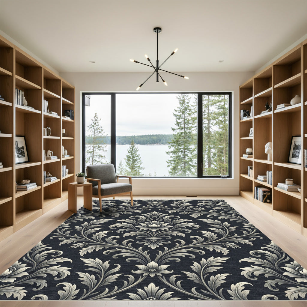 Elegant Charcoal Silver Damask Scroll Rug