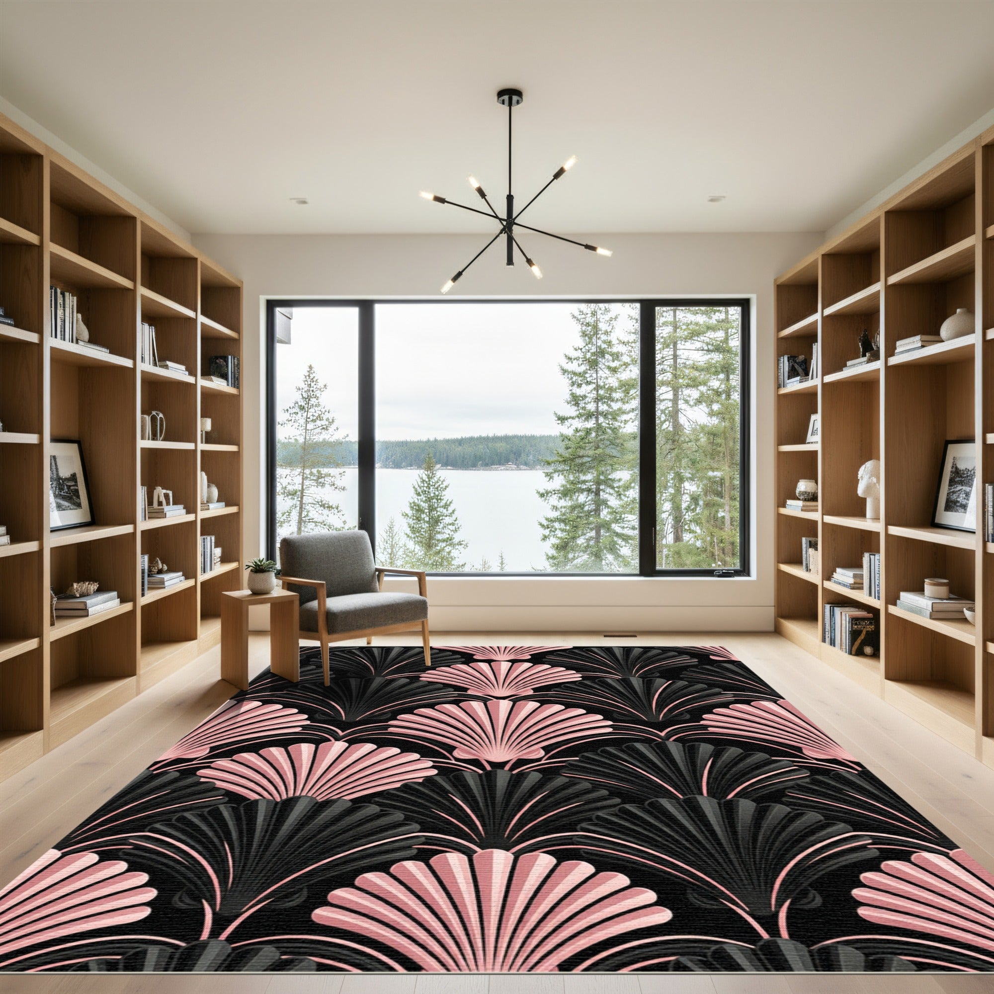 Art Deco Shell Blush Black Rug