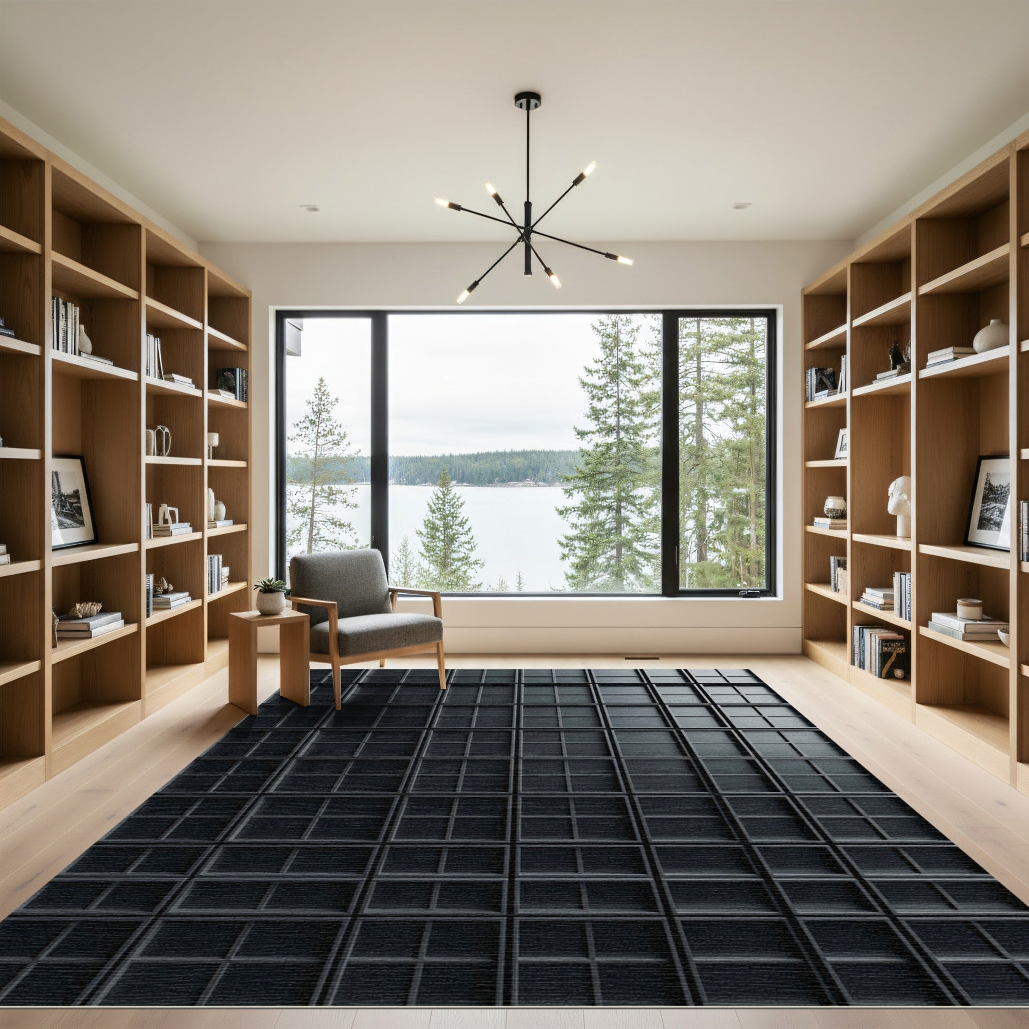 Matte Charcoal Geometric Grid Facade Rug