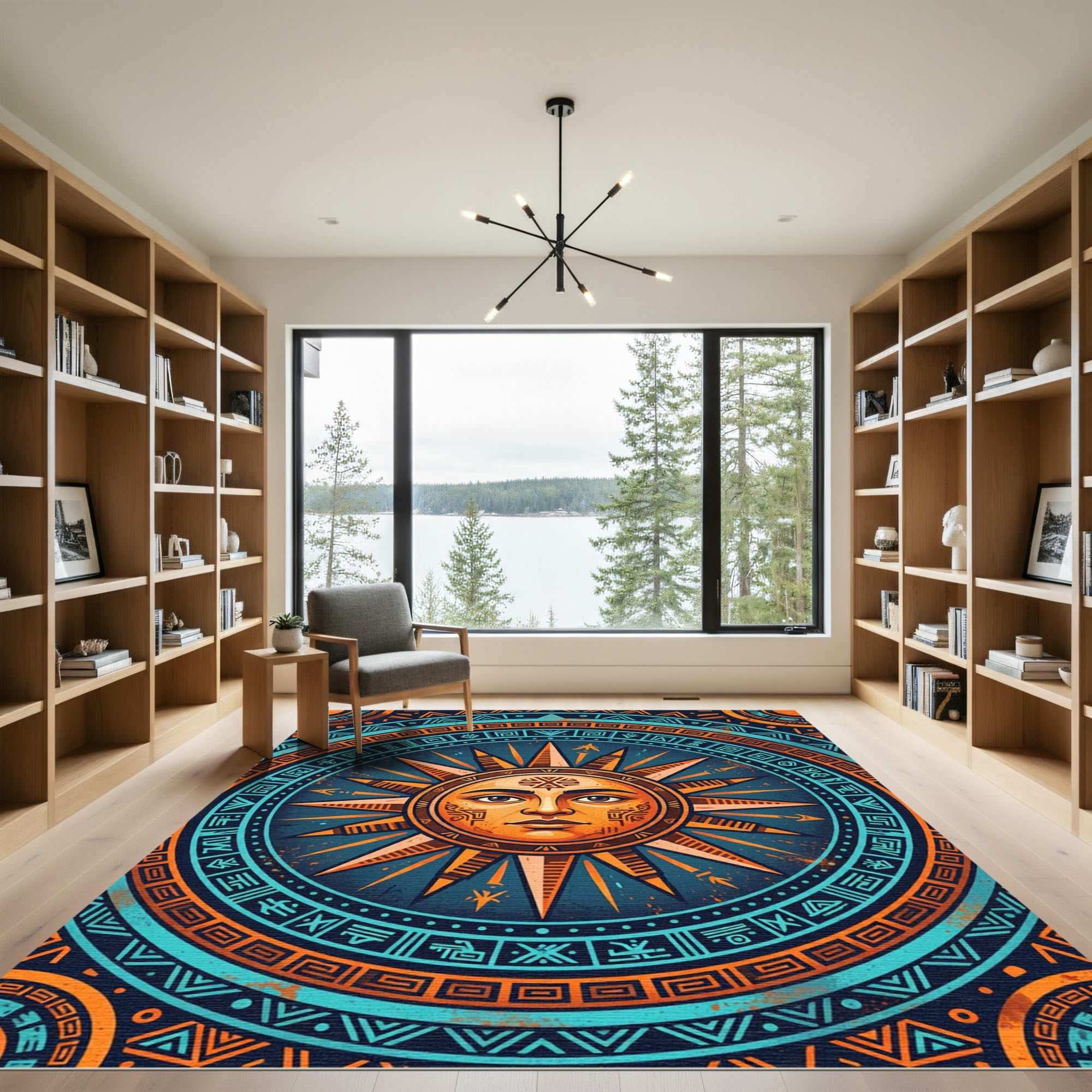 Celestial Solar Emblem Geometric Orange Teal Rug