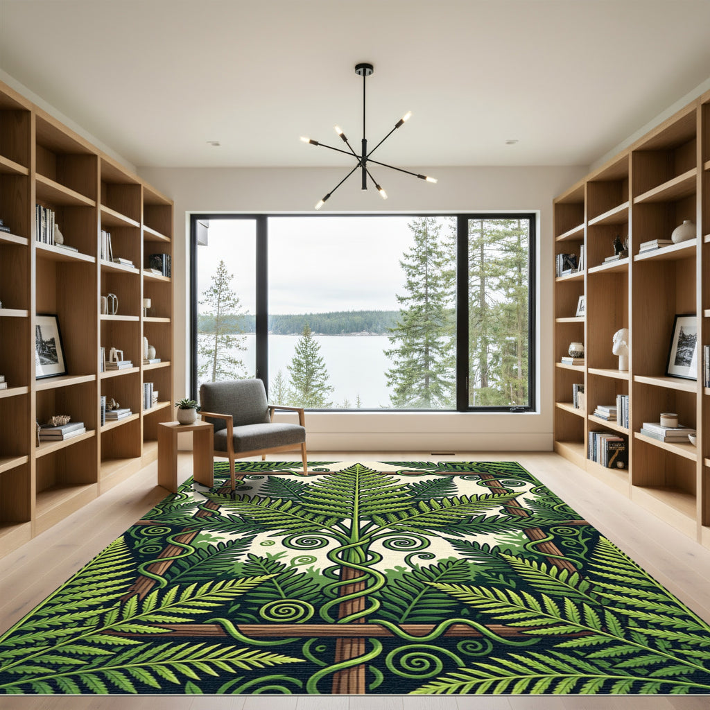 Lush Green Botanical Fern Trellis Art Rug