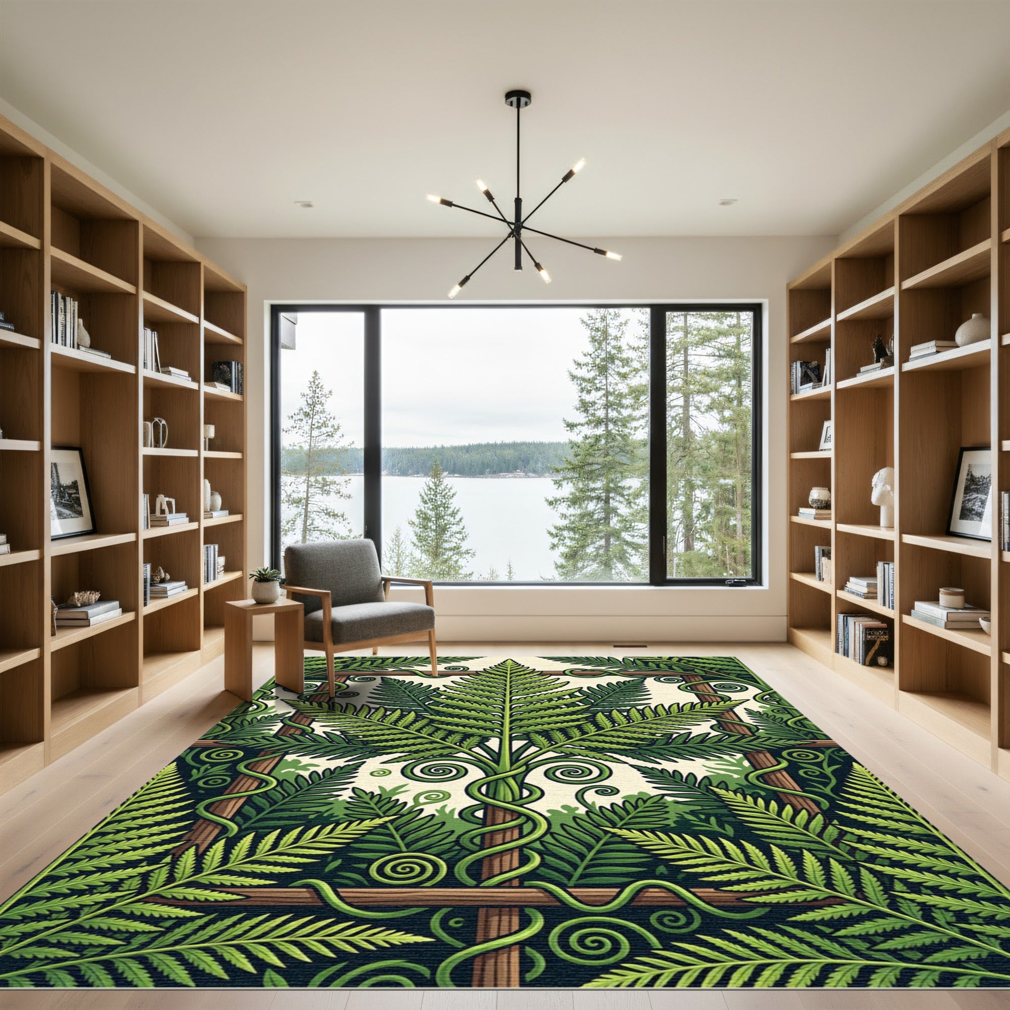 Lush Green Botanical Fern Trellis Art Rug