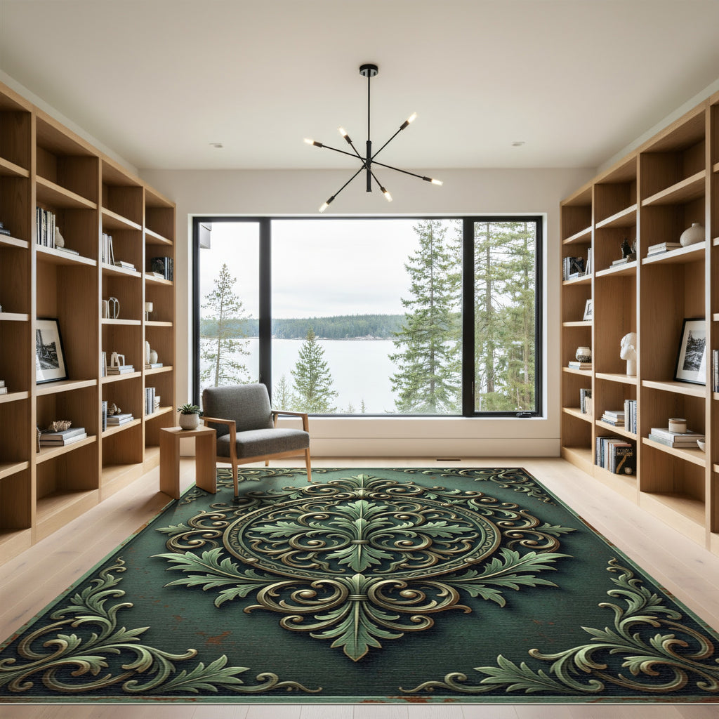 Ornate Sage Green Damask Medallion Rug