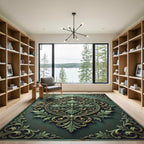 Ornate Sage Green Damask Medallion Rug