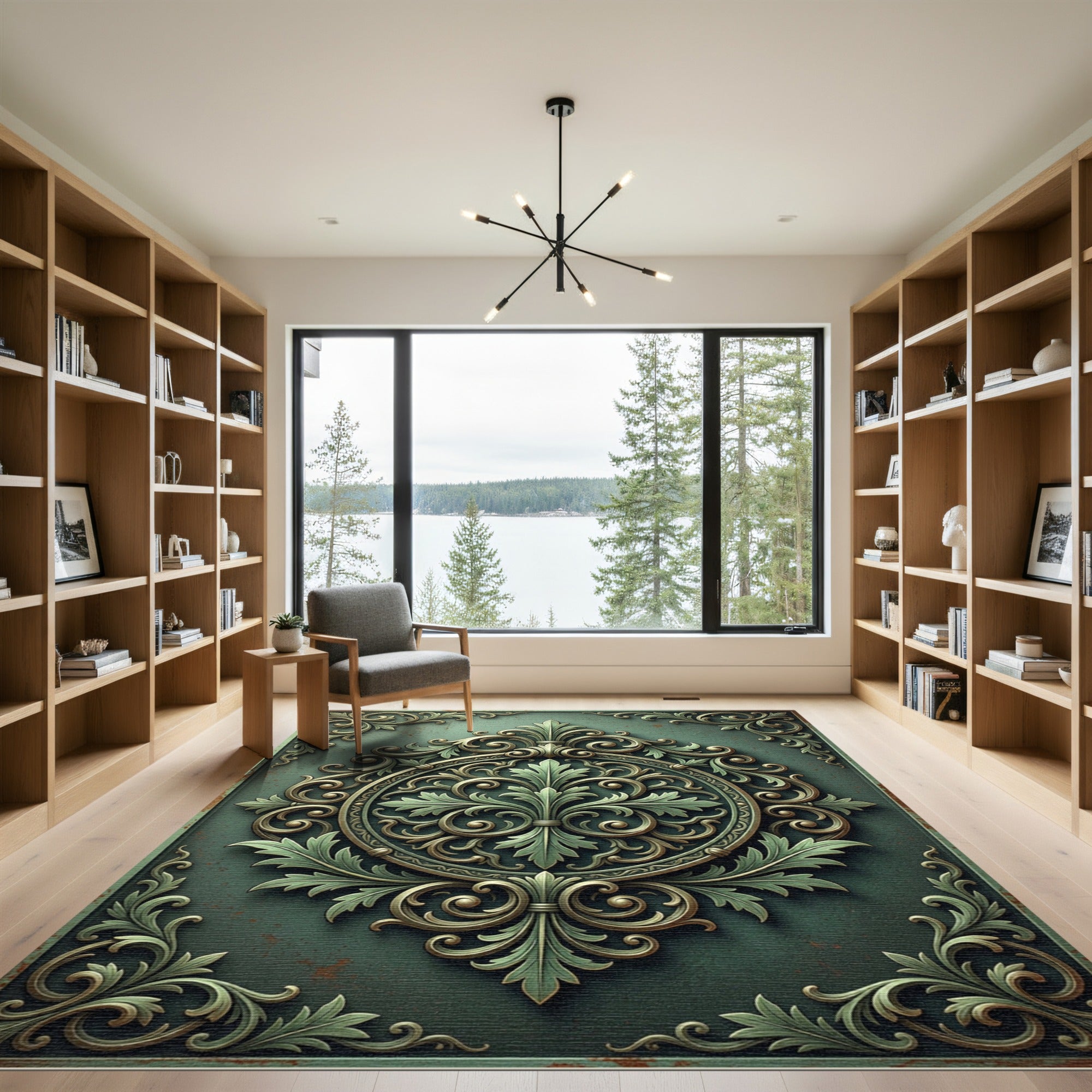 Ornate Sage Green Damask Medallion Rug