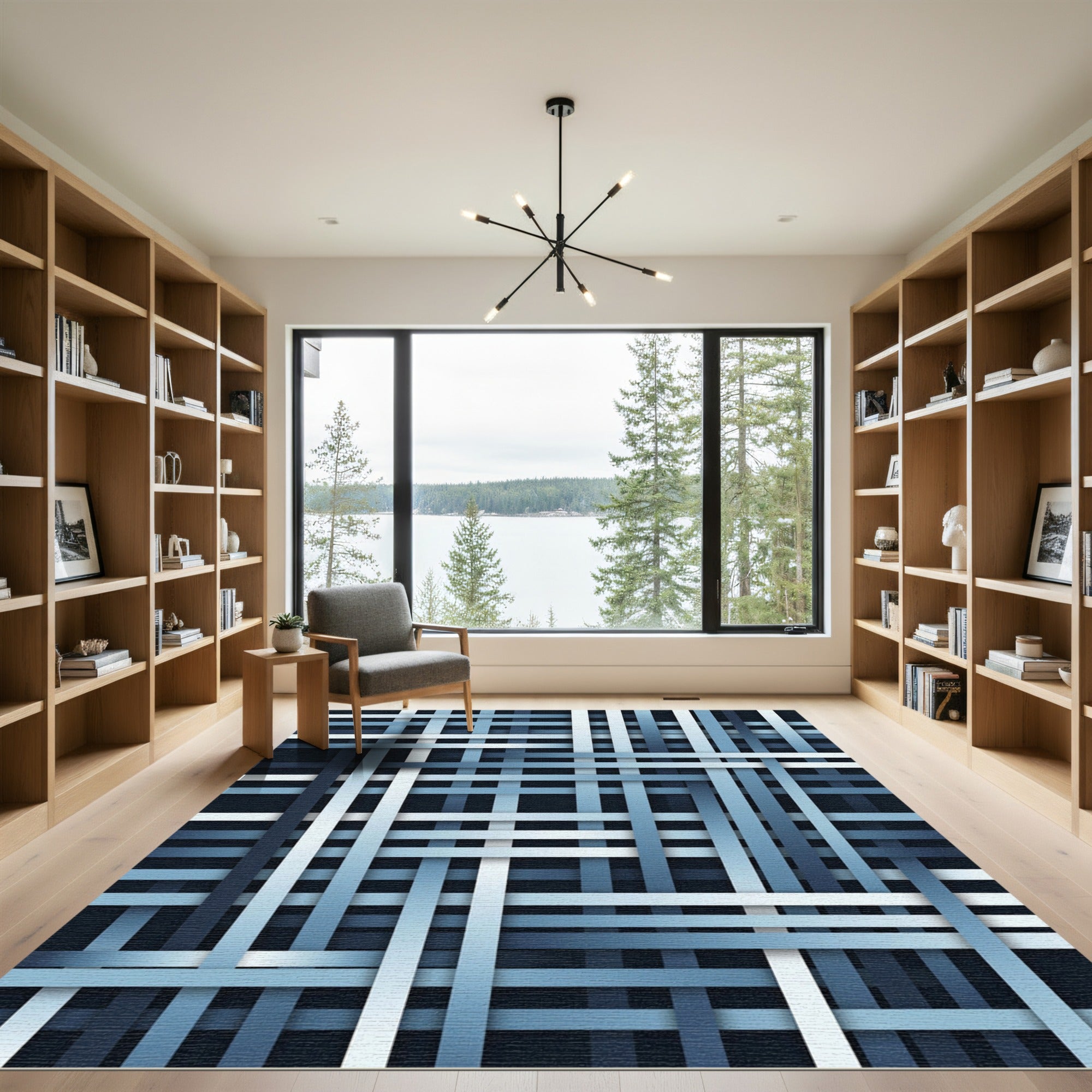 Modern Blue Gradient Interwoven Grid Rug