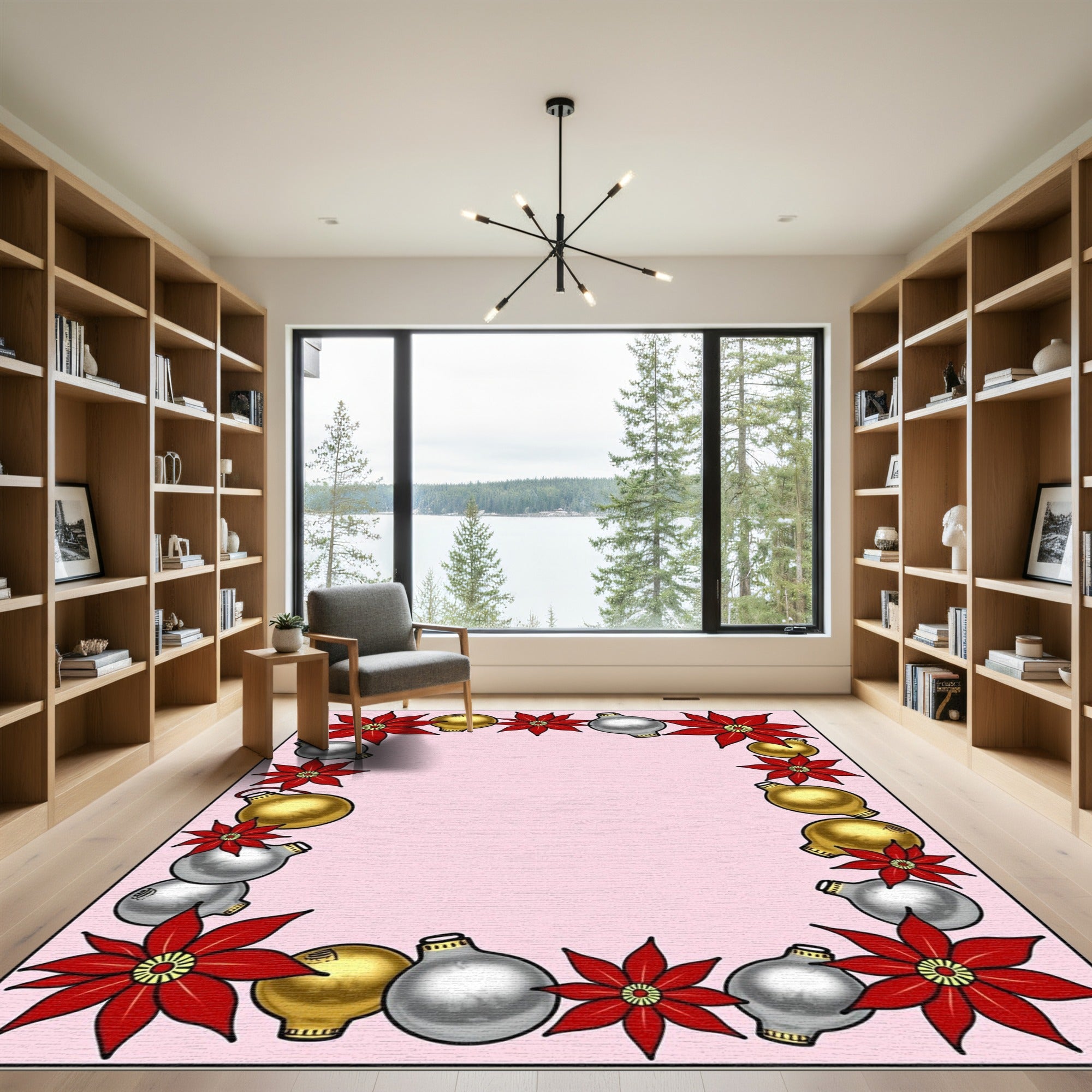 Red Poinsettia Gold Silver Ornaments Border Rug
