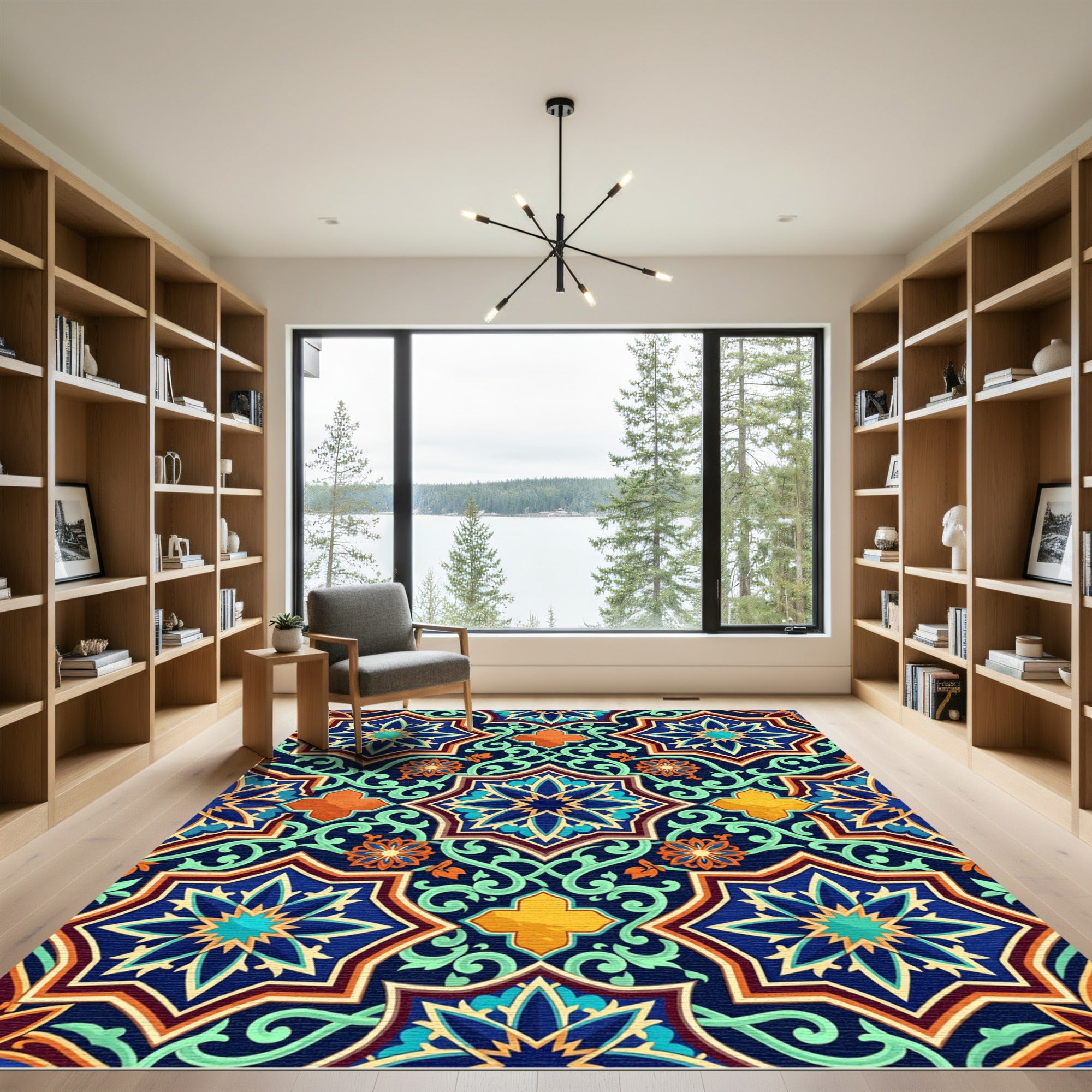 Ornate Indigo Geometric Floral Tile Rug