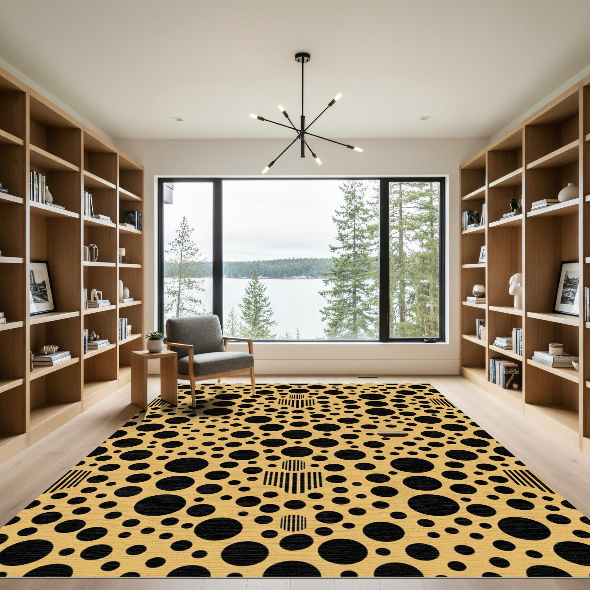 Golden Black Circle Scattered Composition Rug