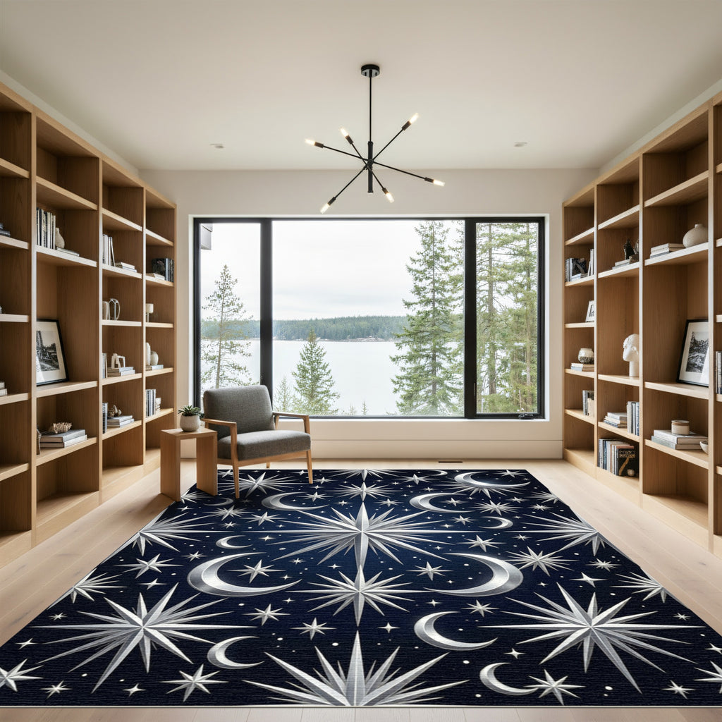 Celestial Silver Moon and Star Night Rug