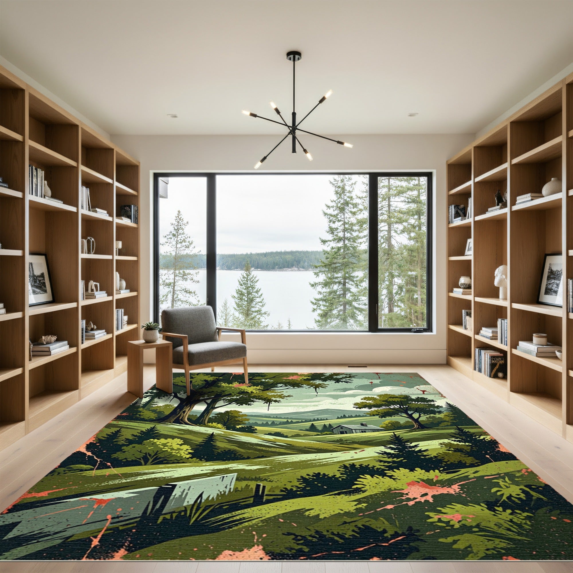Serene Mountain Valley Forest Landscape Rug