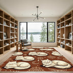 Cream Cat Moon Mandala Brown Rug