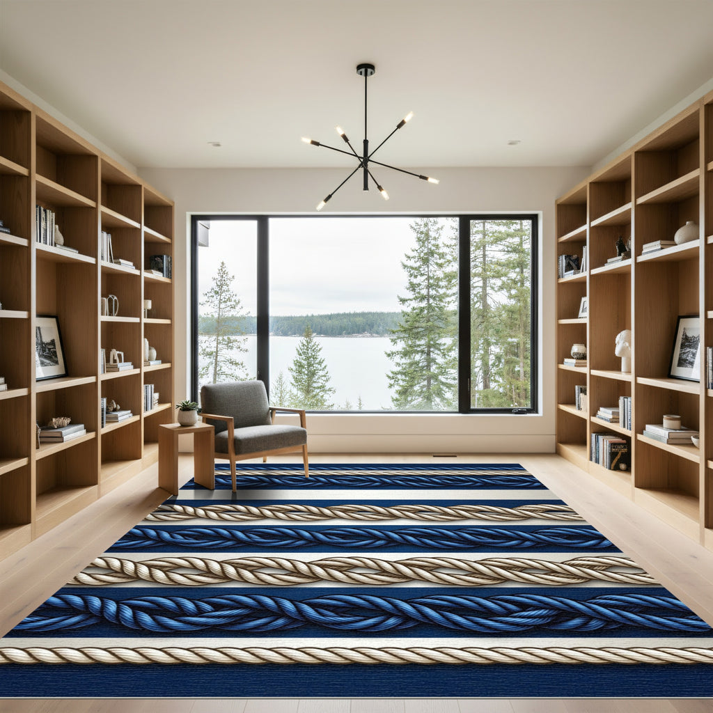 Navy and White Nautical Rope Border Rug
