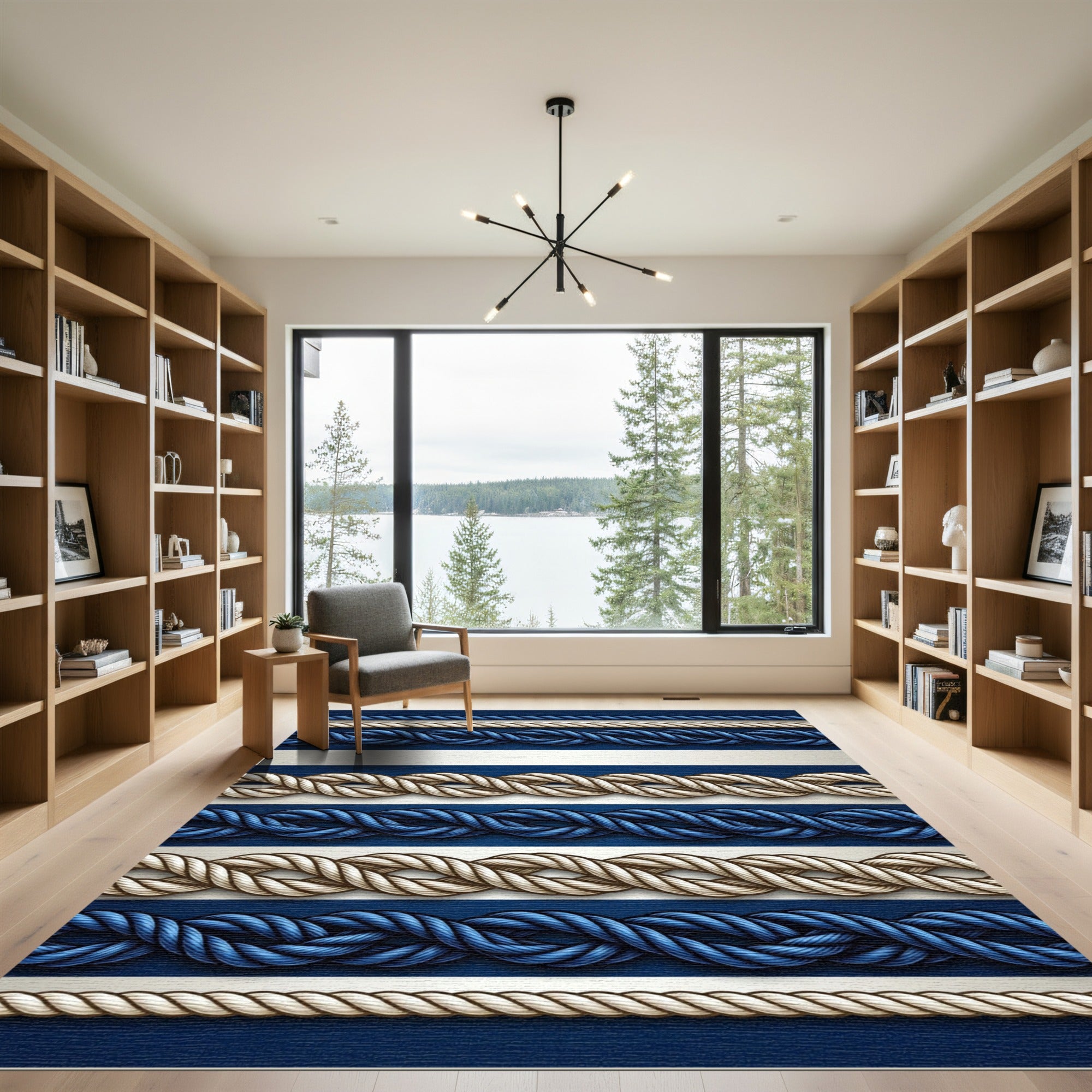 Navy and White Nautical Rope Border Rug
