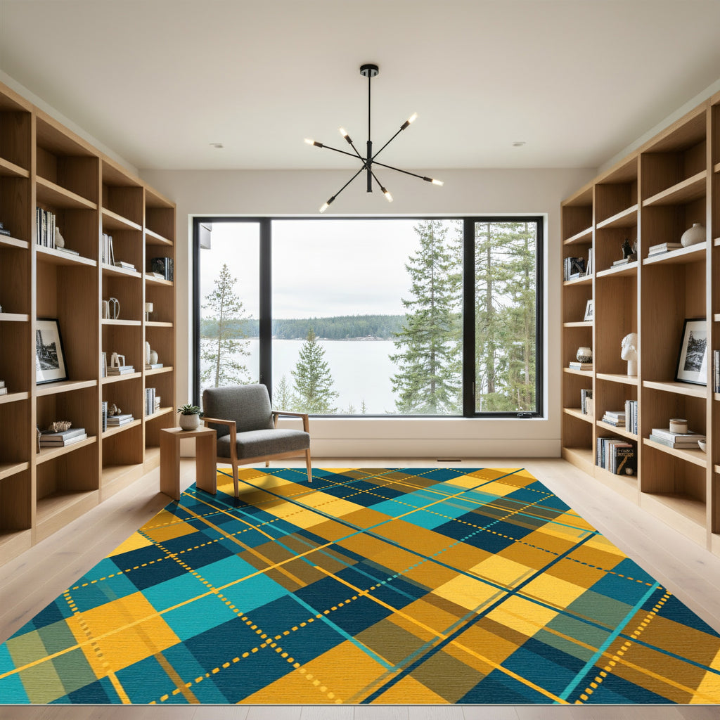 Golden Yellow and Teal Diagonal Plaid Rug