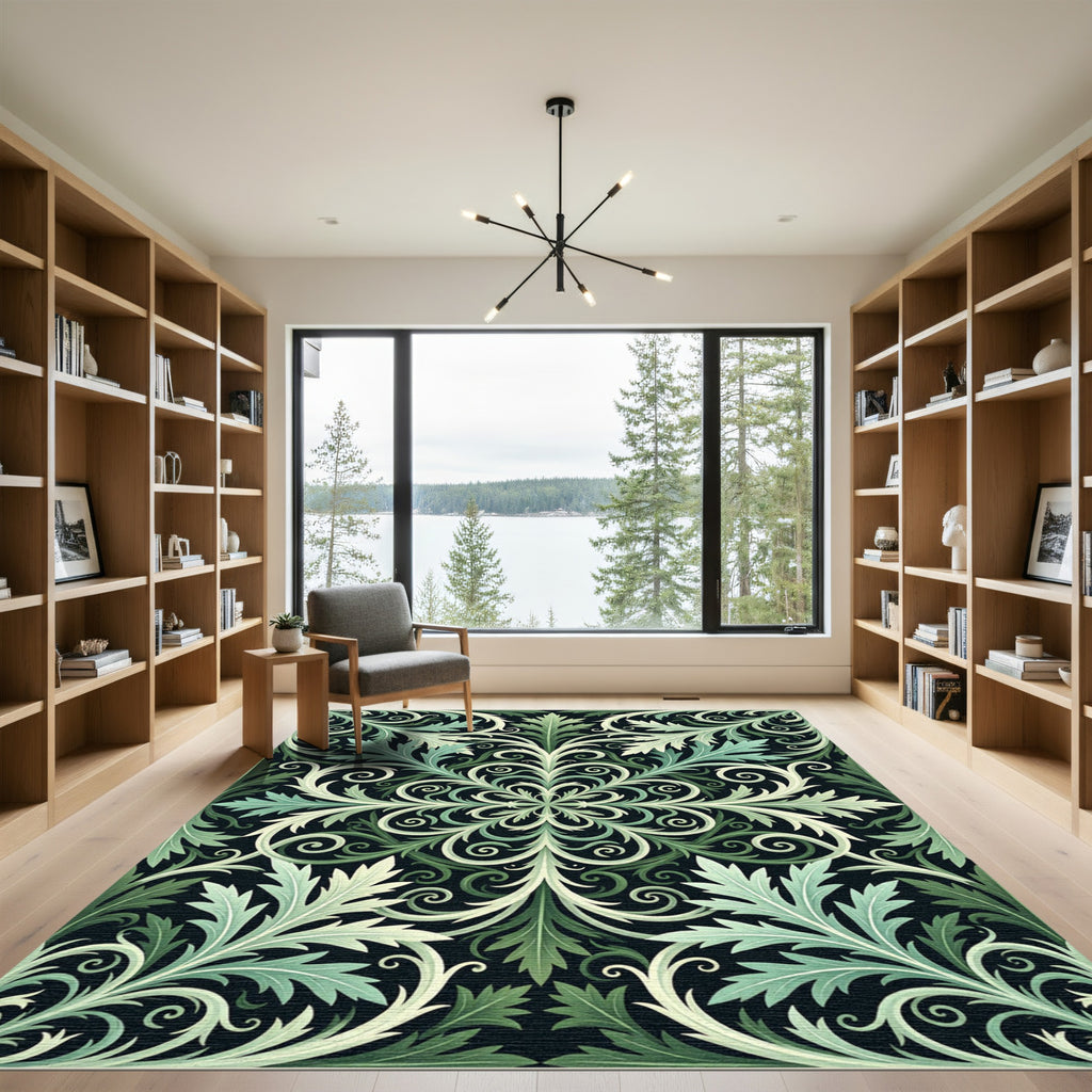Green Foliage Swirl Symmetrical Rug