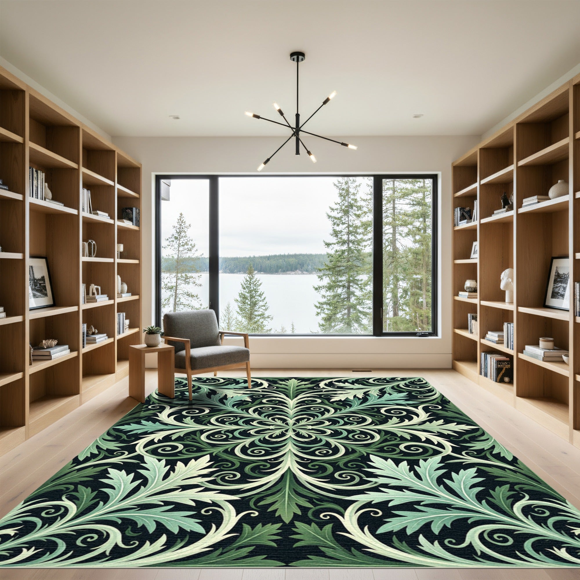 Green Foliage Swirl Symmetrical Rug