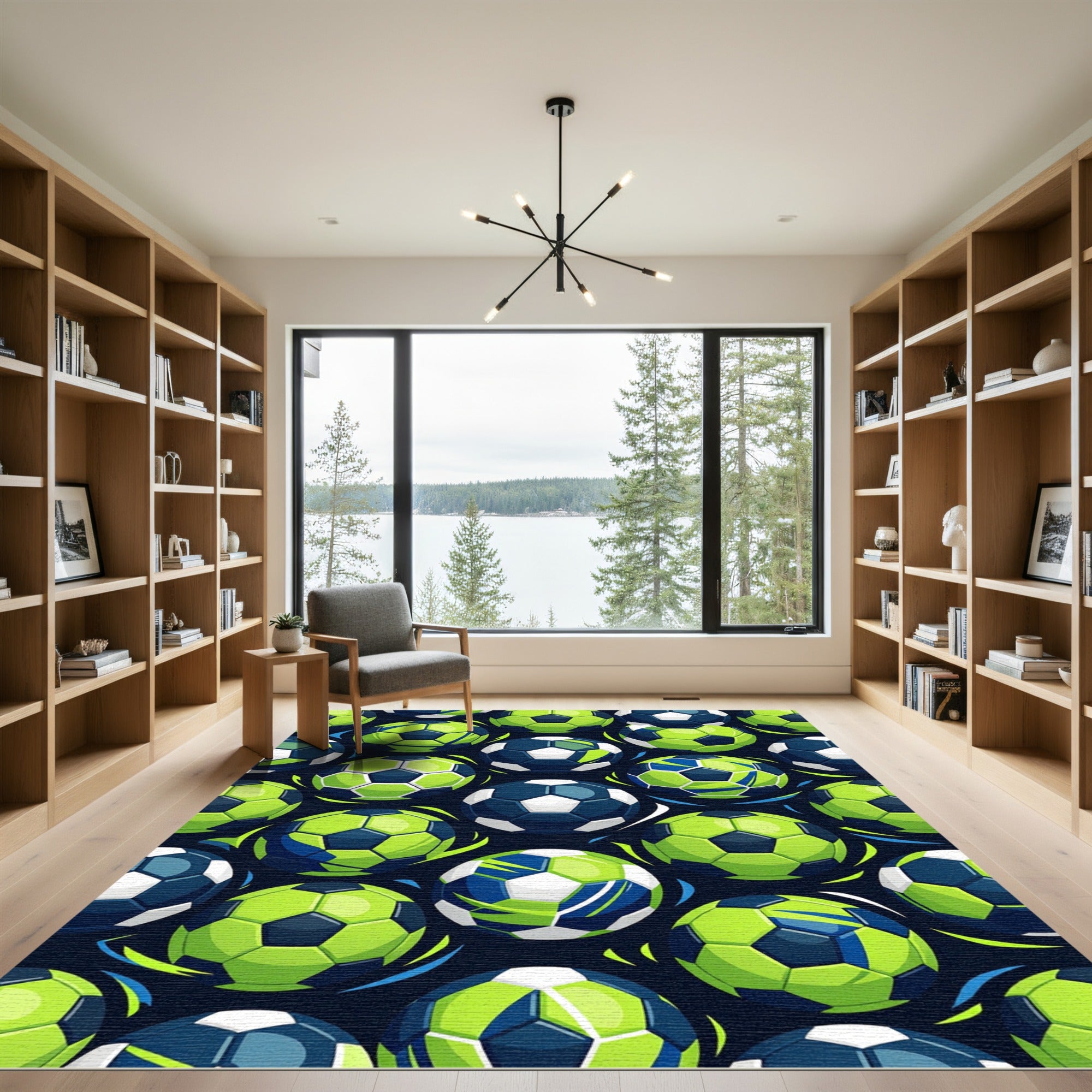 Energetic Neon Lime Soccer Ball Graphic Rug