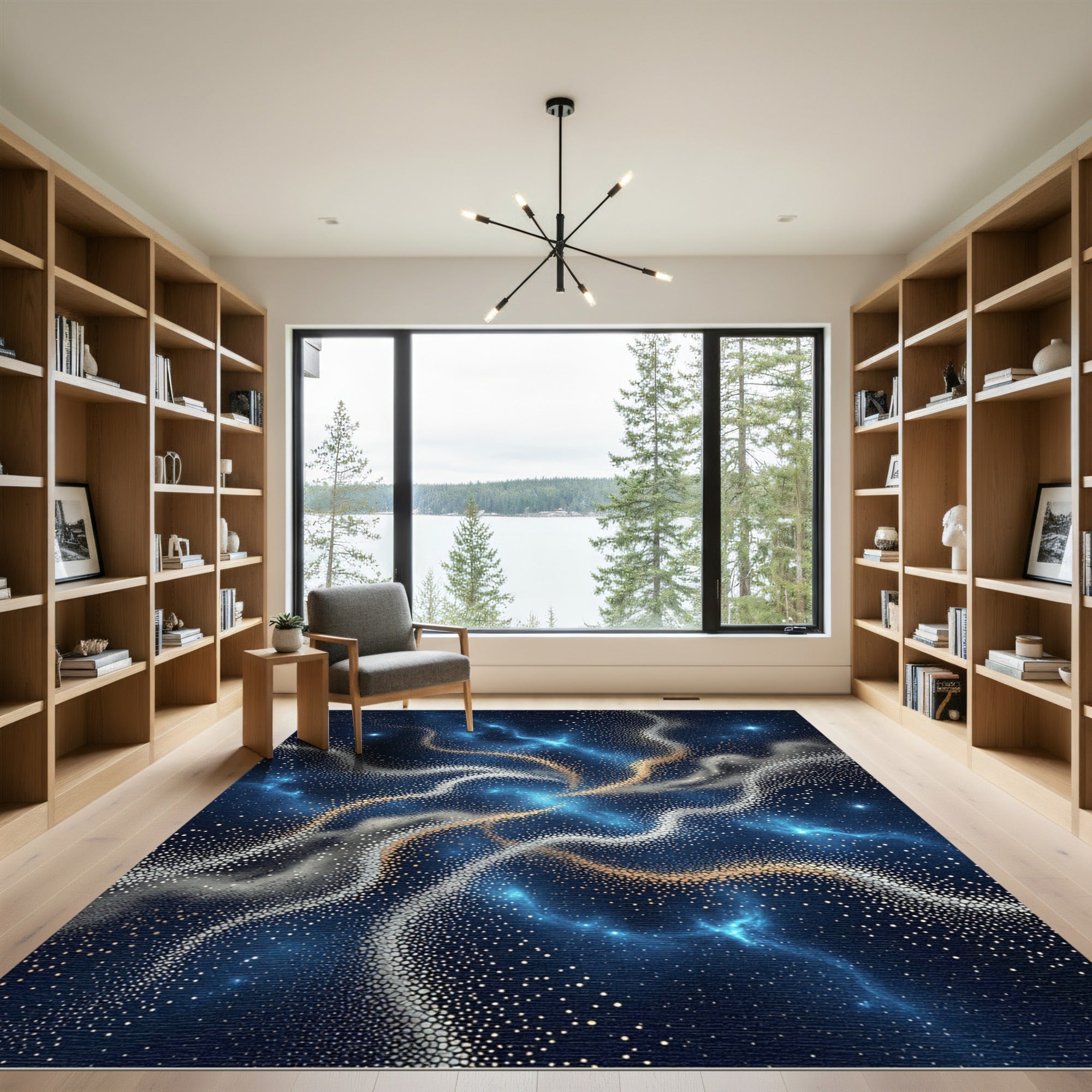 Ethereal Cosmic Blue and Golden Swirl Rug