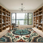 Vintage Teal Nautical Compass Floral Tile Rug