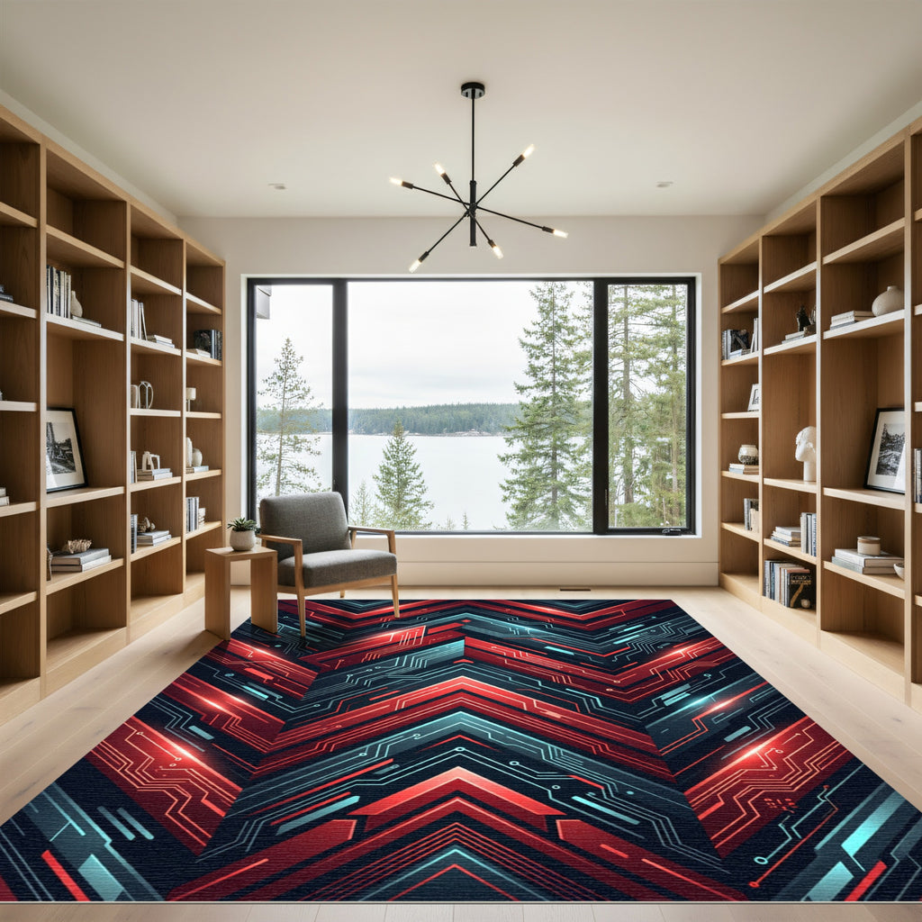 Glowing Crimson Geometric Cybernetic Arrow Abstract Rug