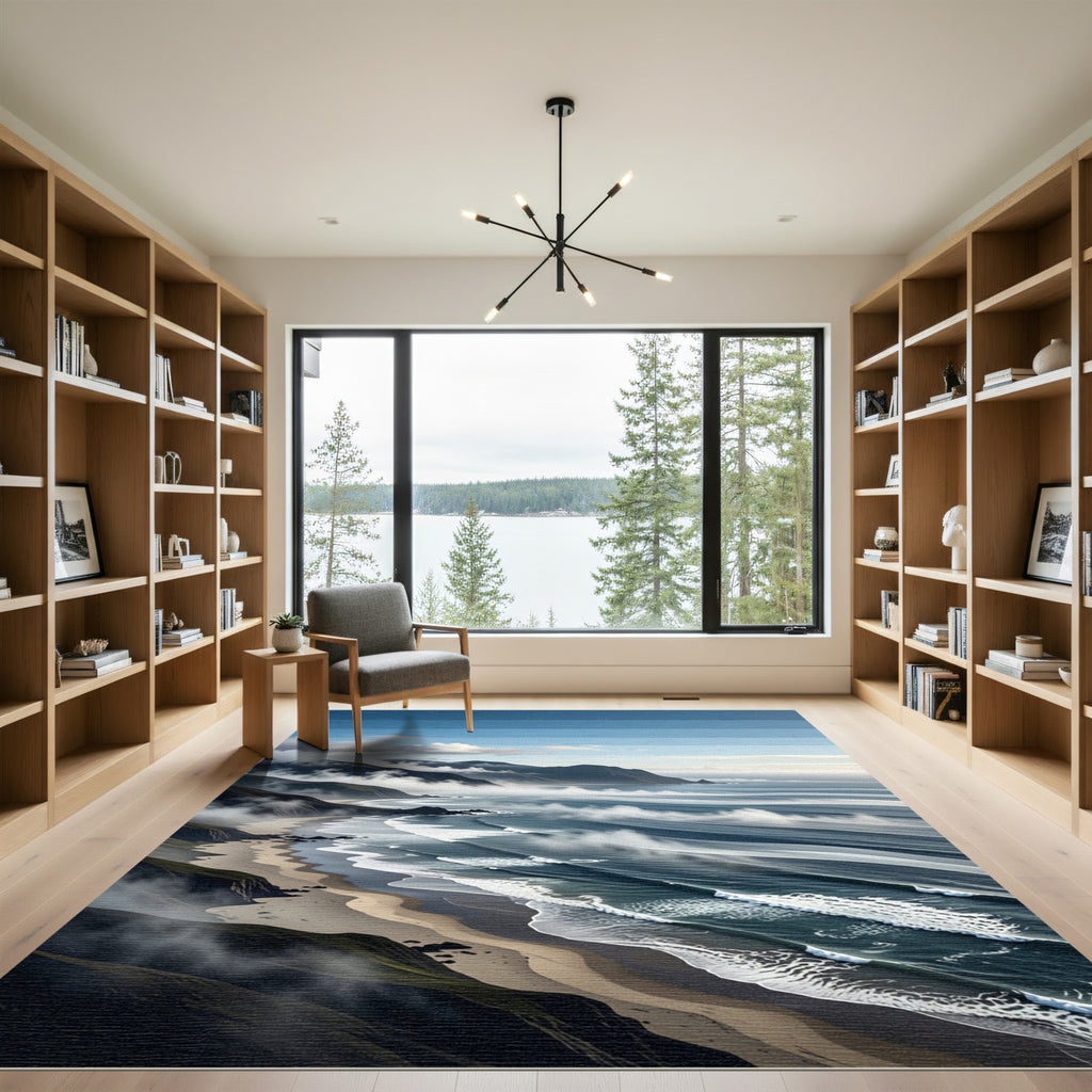 Misty Coastal Mountain Shoreline Scenery Rug