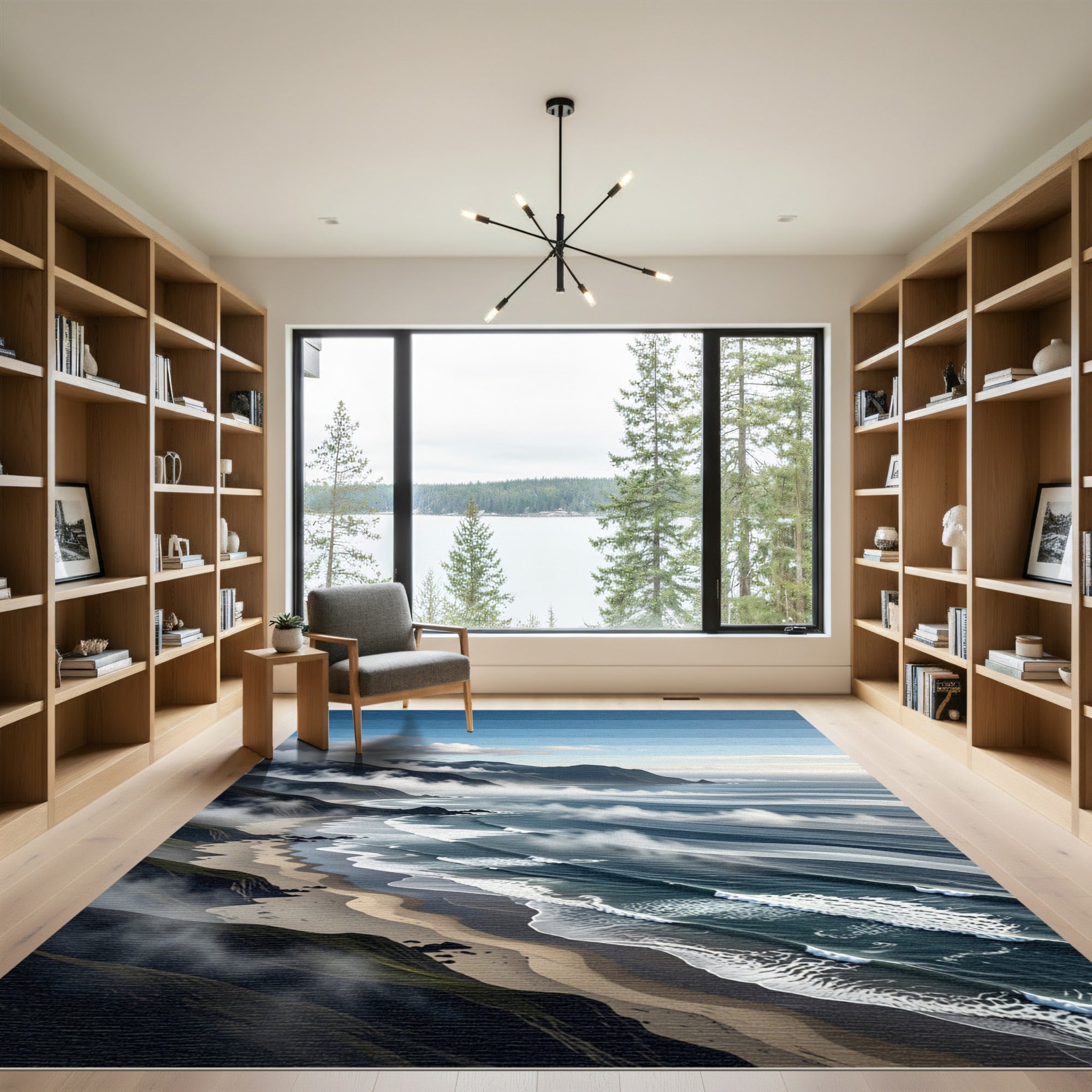 Misty Coastal Mountain Shoreline Scenery Rug