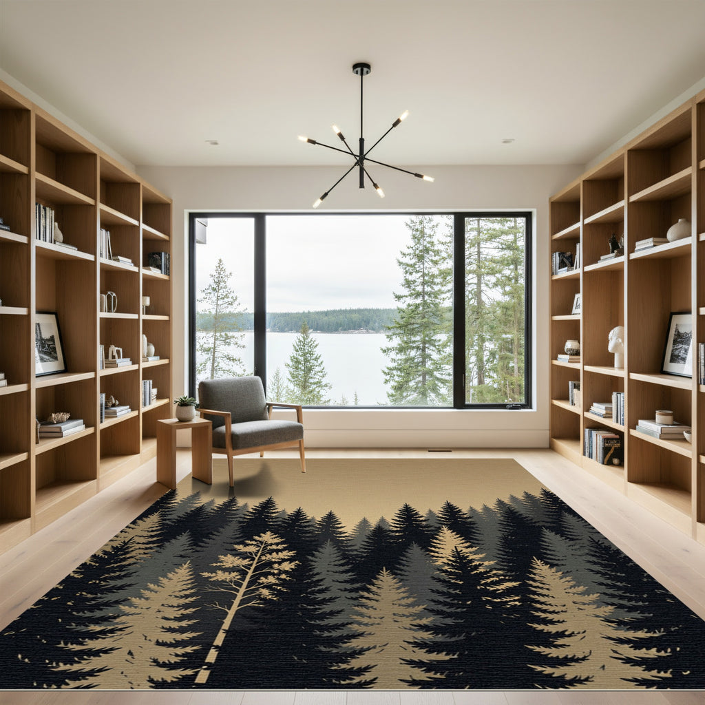 Serene Evergreen Forest Silhouette Landscape Rug