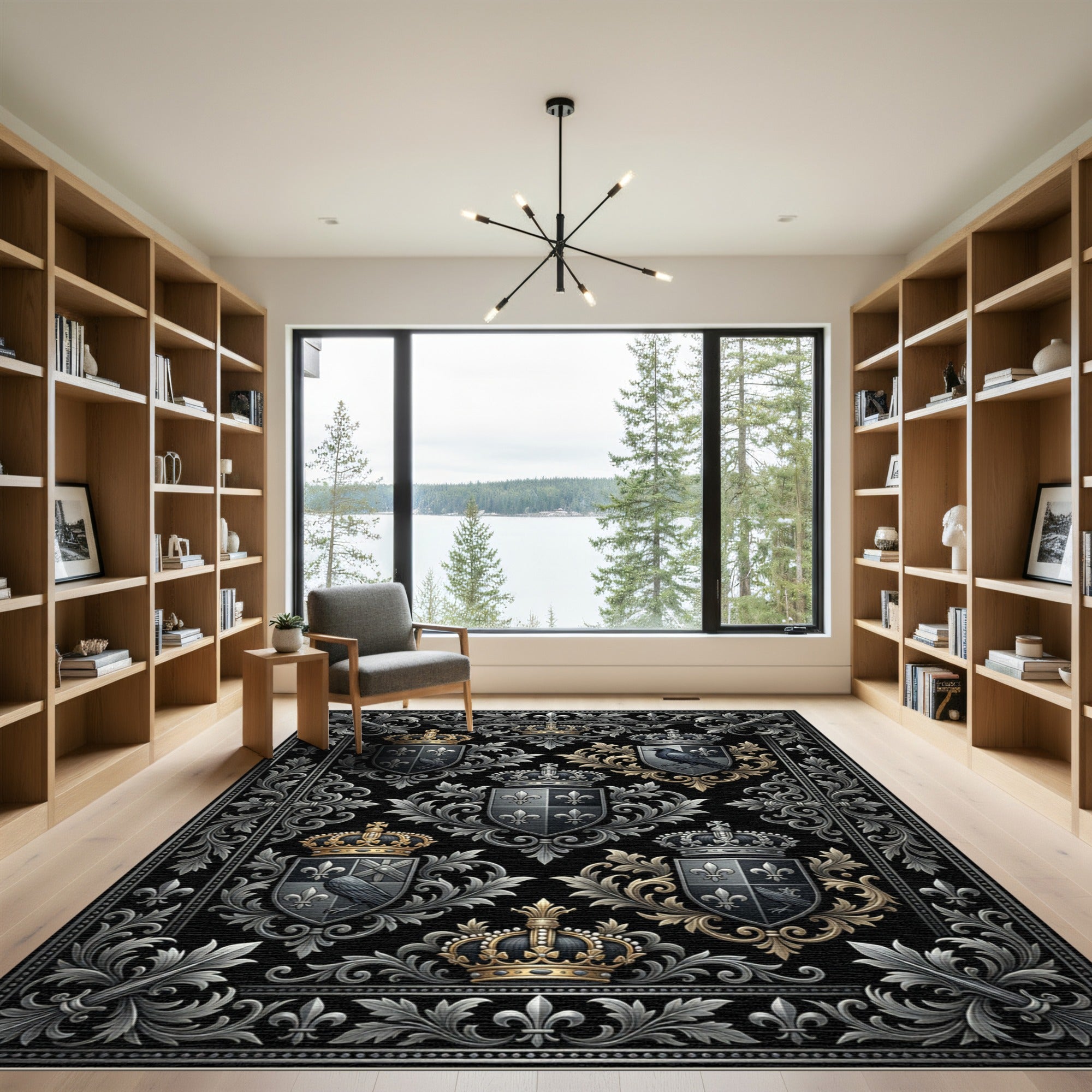 Regal Black Silver Gold Crest Collection Rug