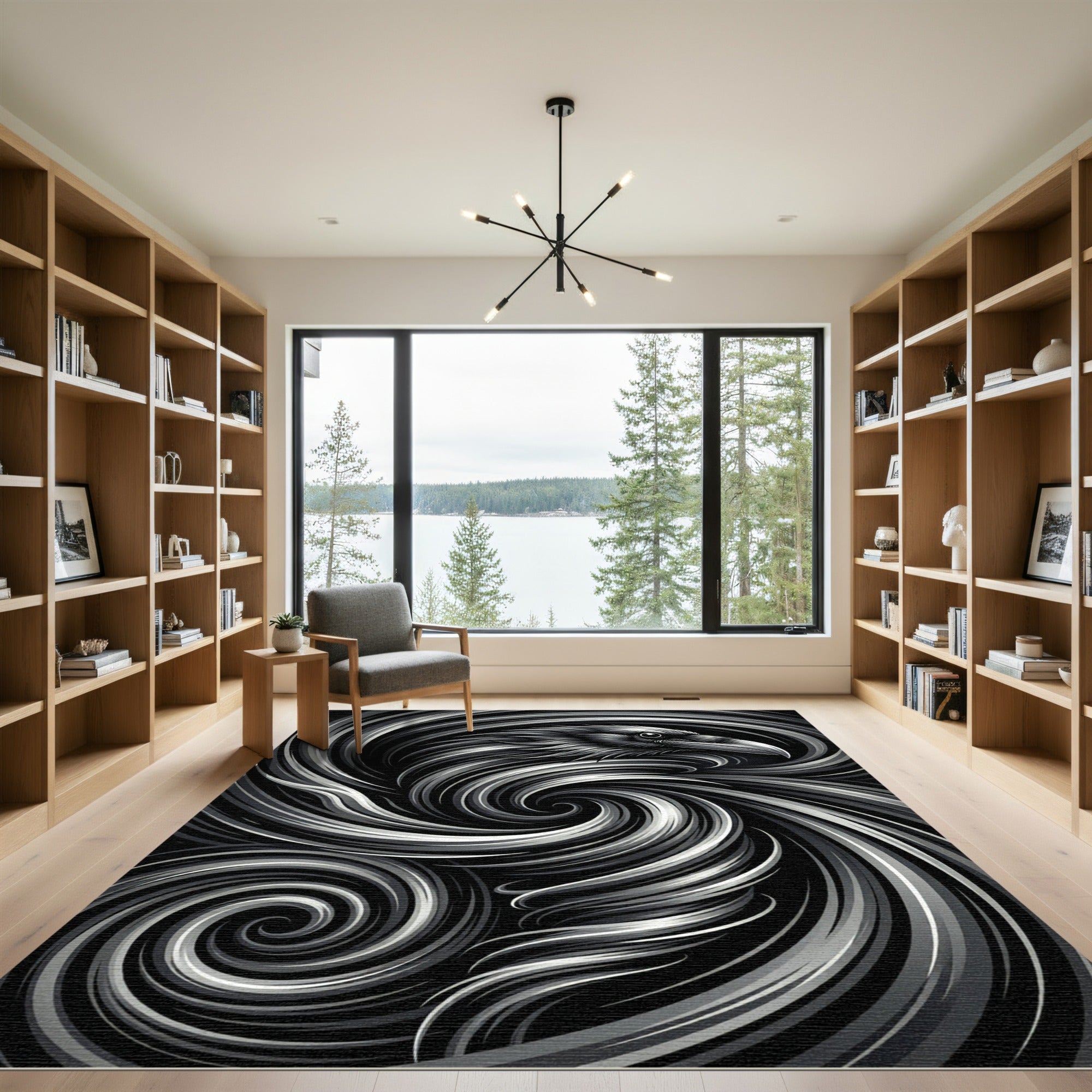 Monochrome Raven Swirl Artistic Rug