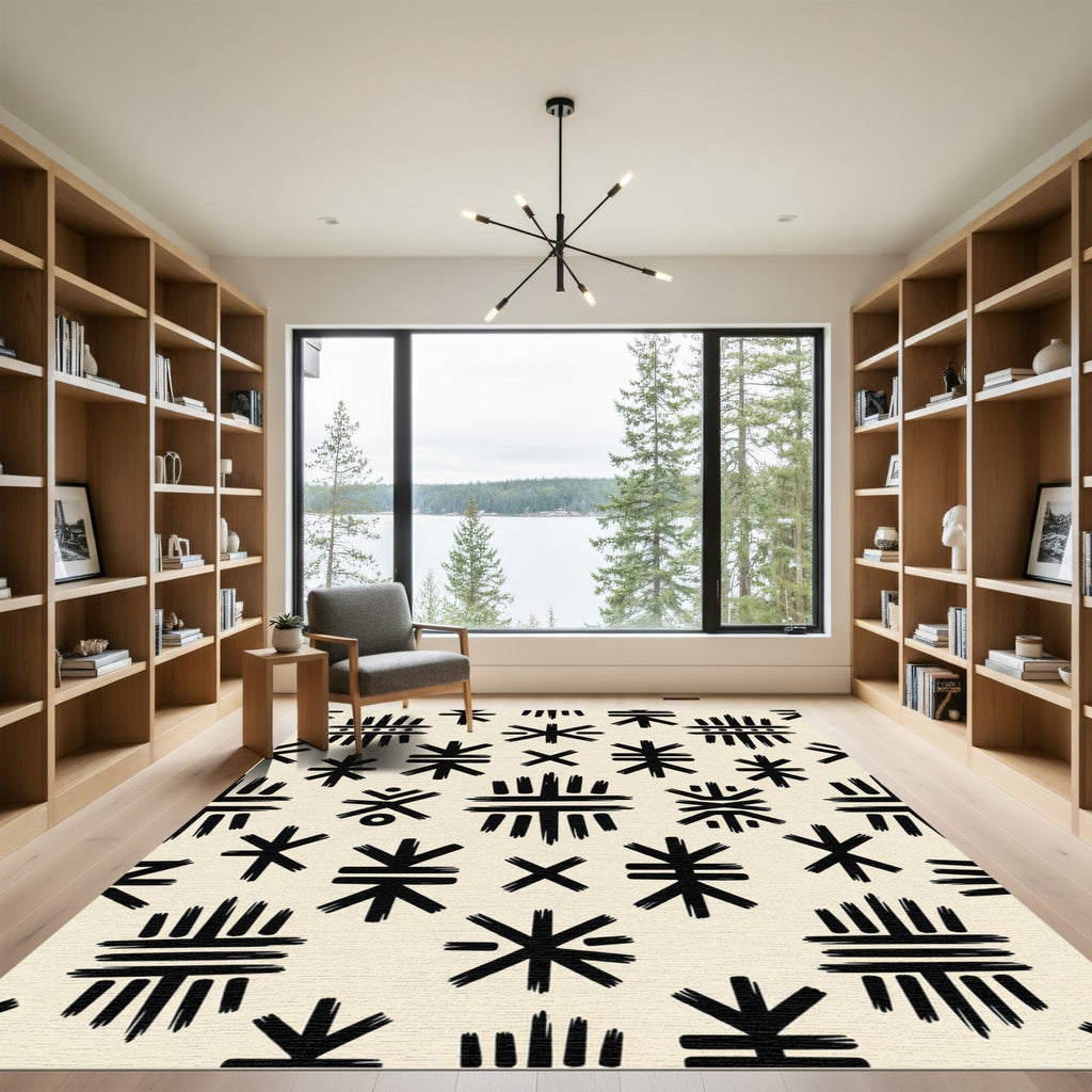 Minimalist Cream Black Abstract Tribal Symbol Rug