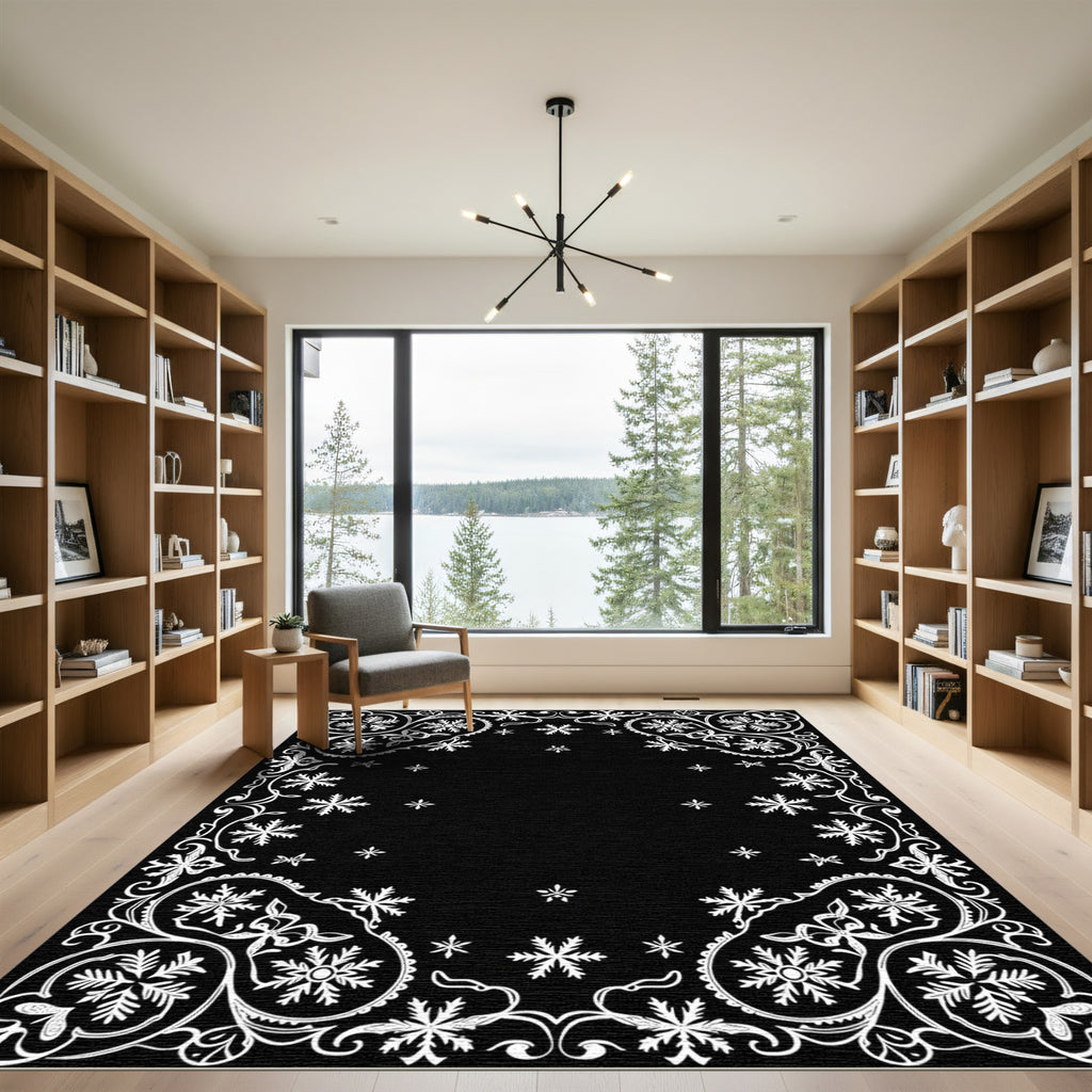 Winter White Snowflake Floral Frame Rug
