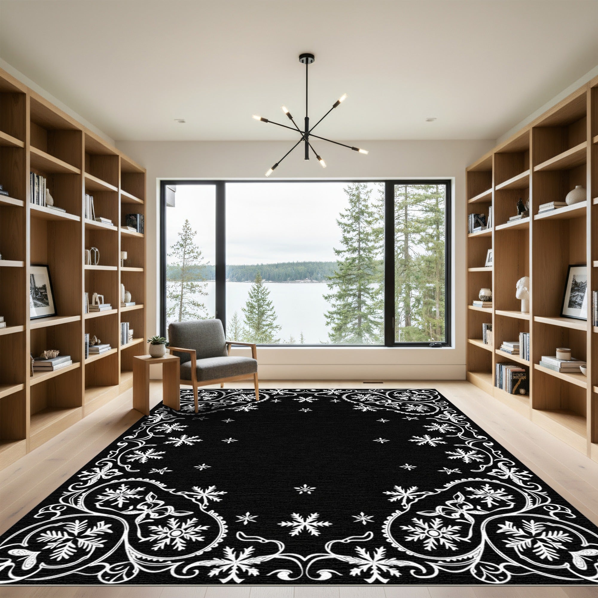 Winter White Snowflake Floral Frame Rug