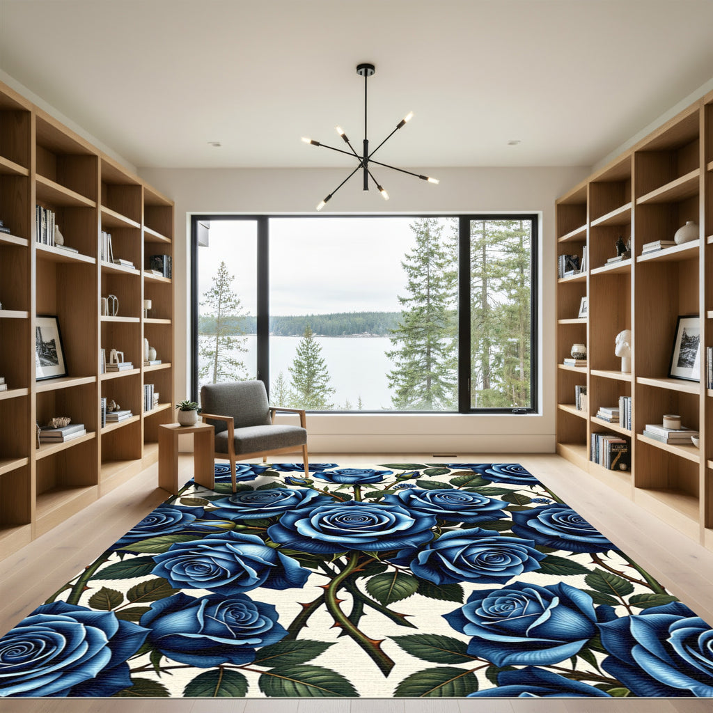 Elegant Midnight Blue Rose Floral Rug
