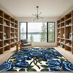 Elegant Midnight Blue Rose Floral Rug