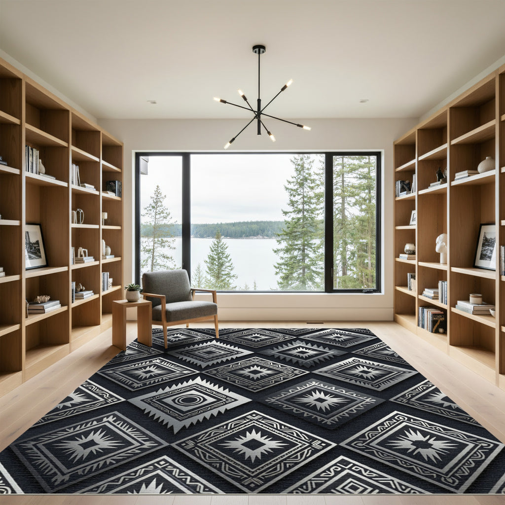 Metallic Silver Geometric Tribal Diamond Rug