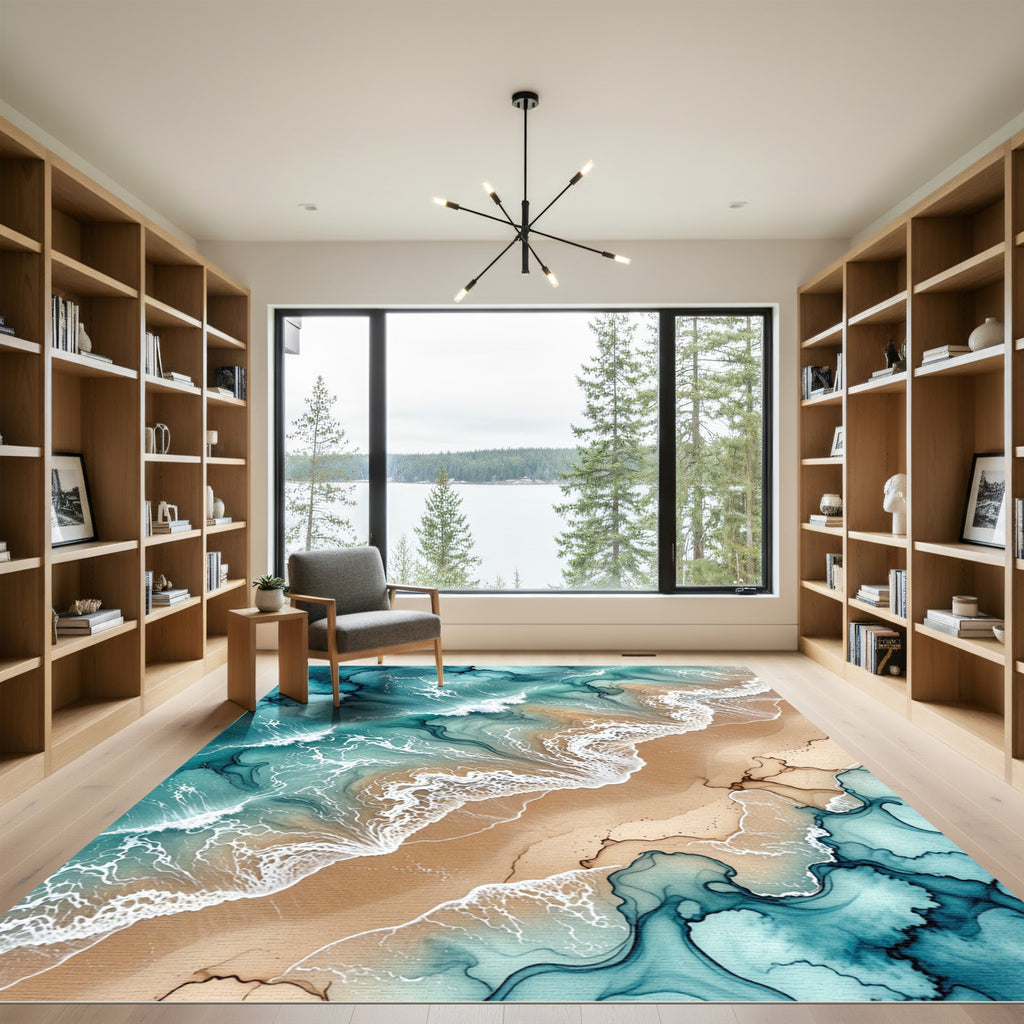 Ocean Blue Abstract Swirl Shoreline Rug