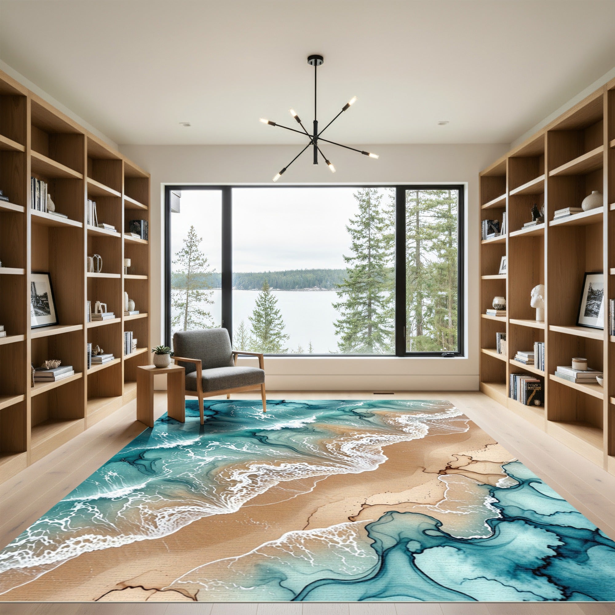 Ocean Blue Abstract Swirl Shoreline Rug