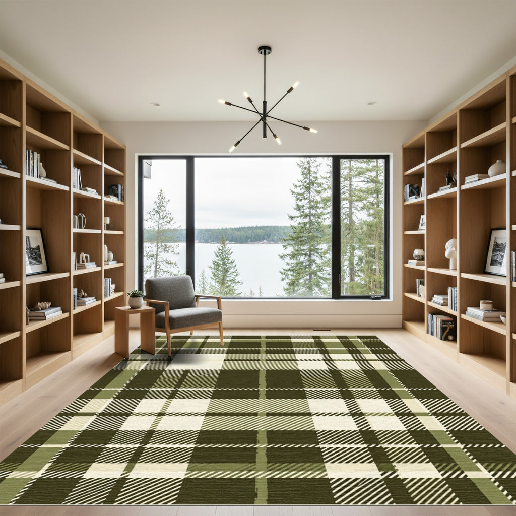 Classic Olive and Cream Plaid Rug