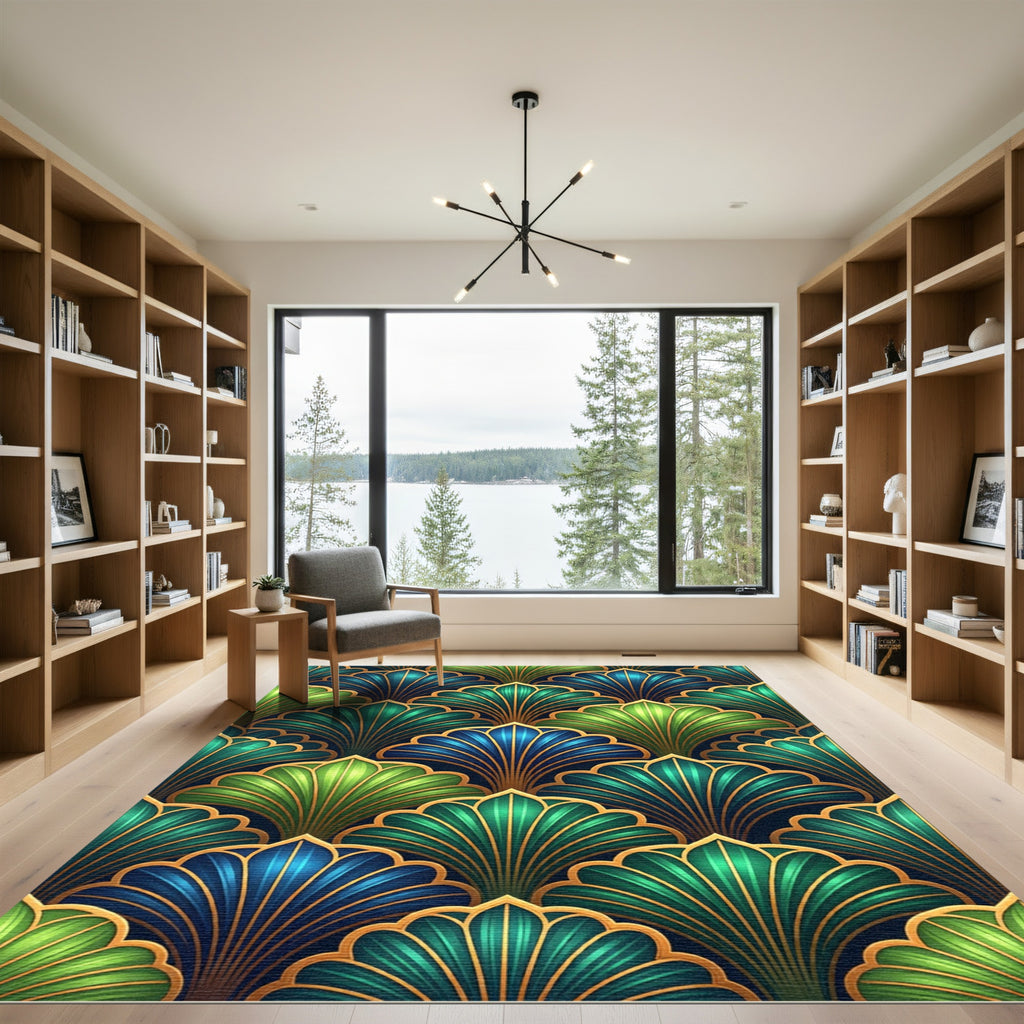 Emerald Teal Fan Art Deco Rug