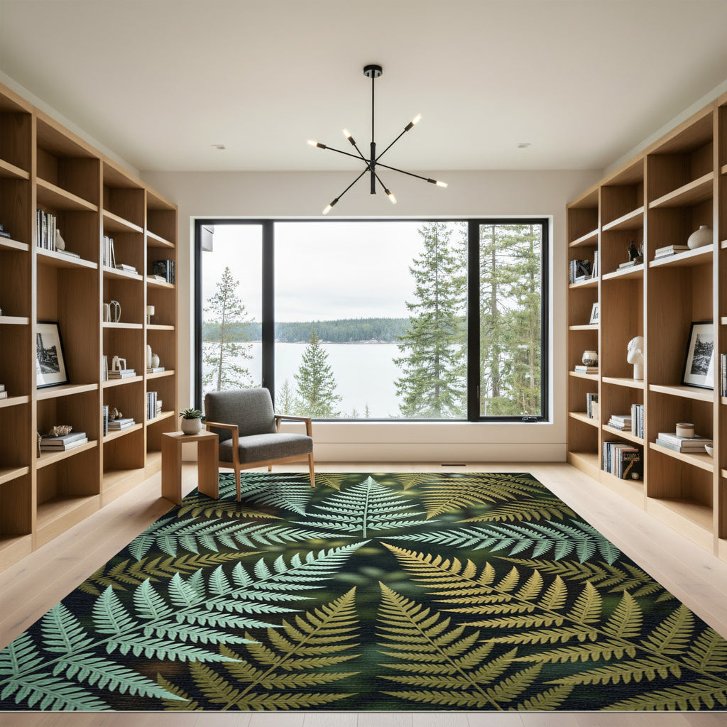 Lush Golden Green Tropical Fern Composition Rug