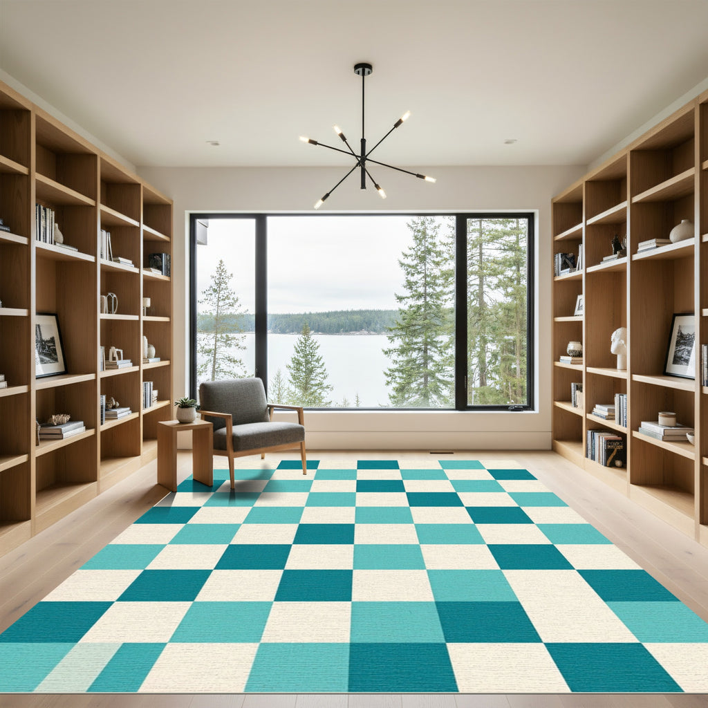 Aqua White Checkerboard Composition Rug