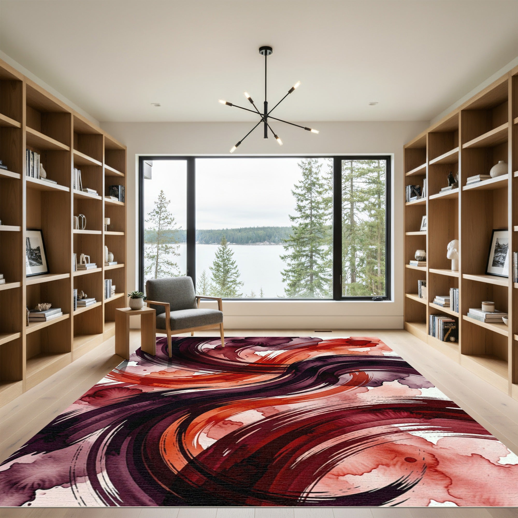 Dark Crimson Abstract Flowing Sweep Rug