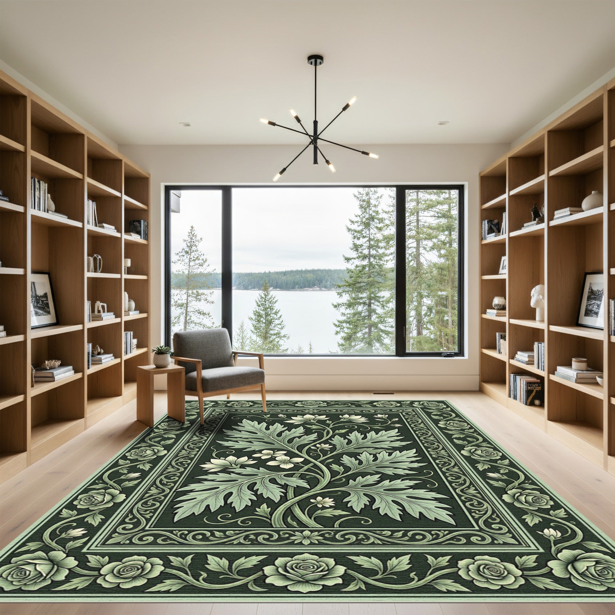 Sage Green Floral Scroll Garland Rug