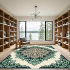 Elegant Sage Cream Ornate Victorian Medallion Rug