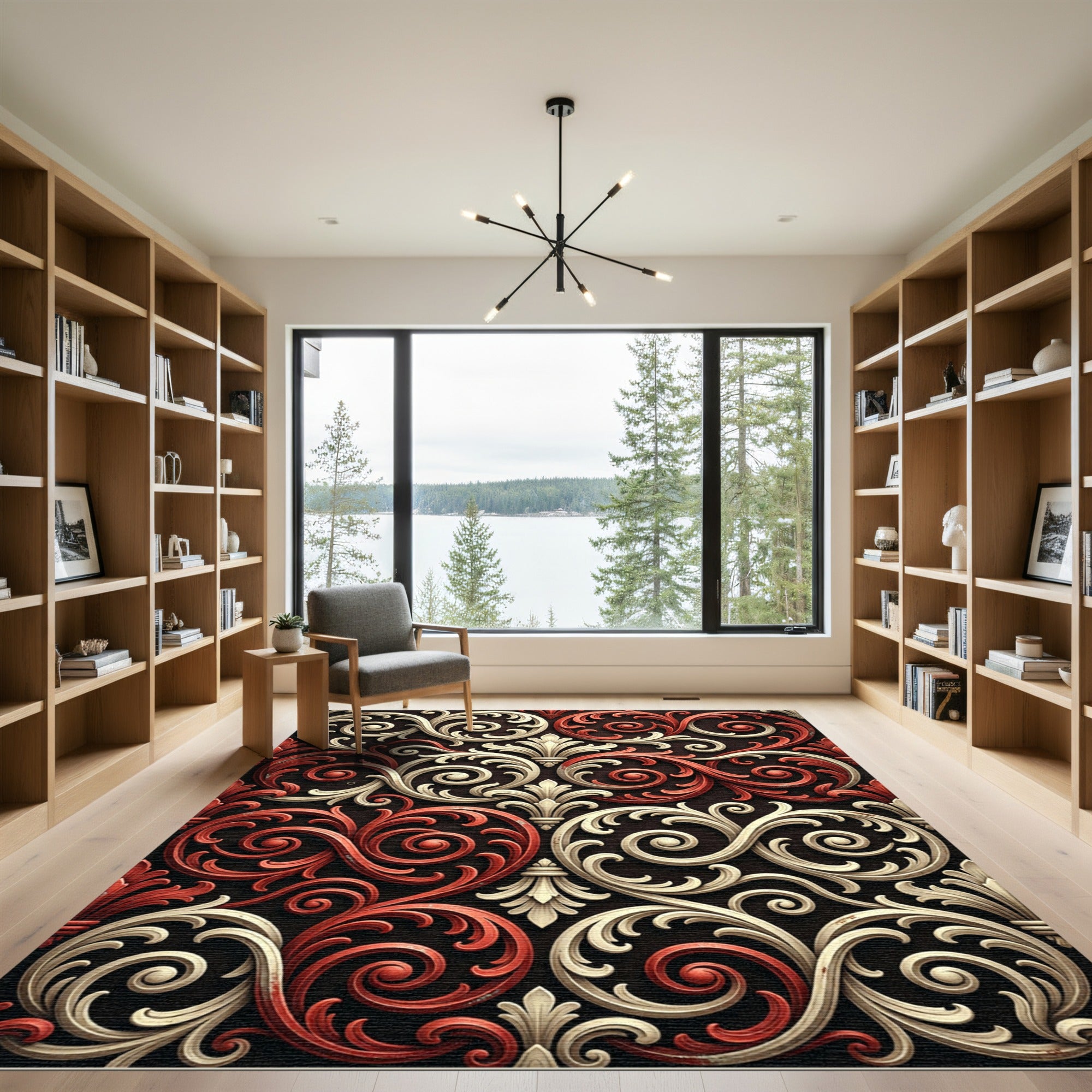 Elegant Crimson and Cream Scrollwork Rug